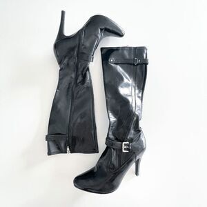 Marc Fisher Womens Buckle Knee High Heeled Boots Patent-Look Black 10M